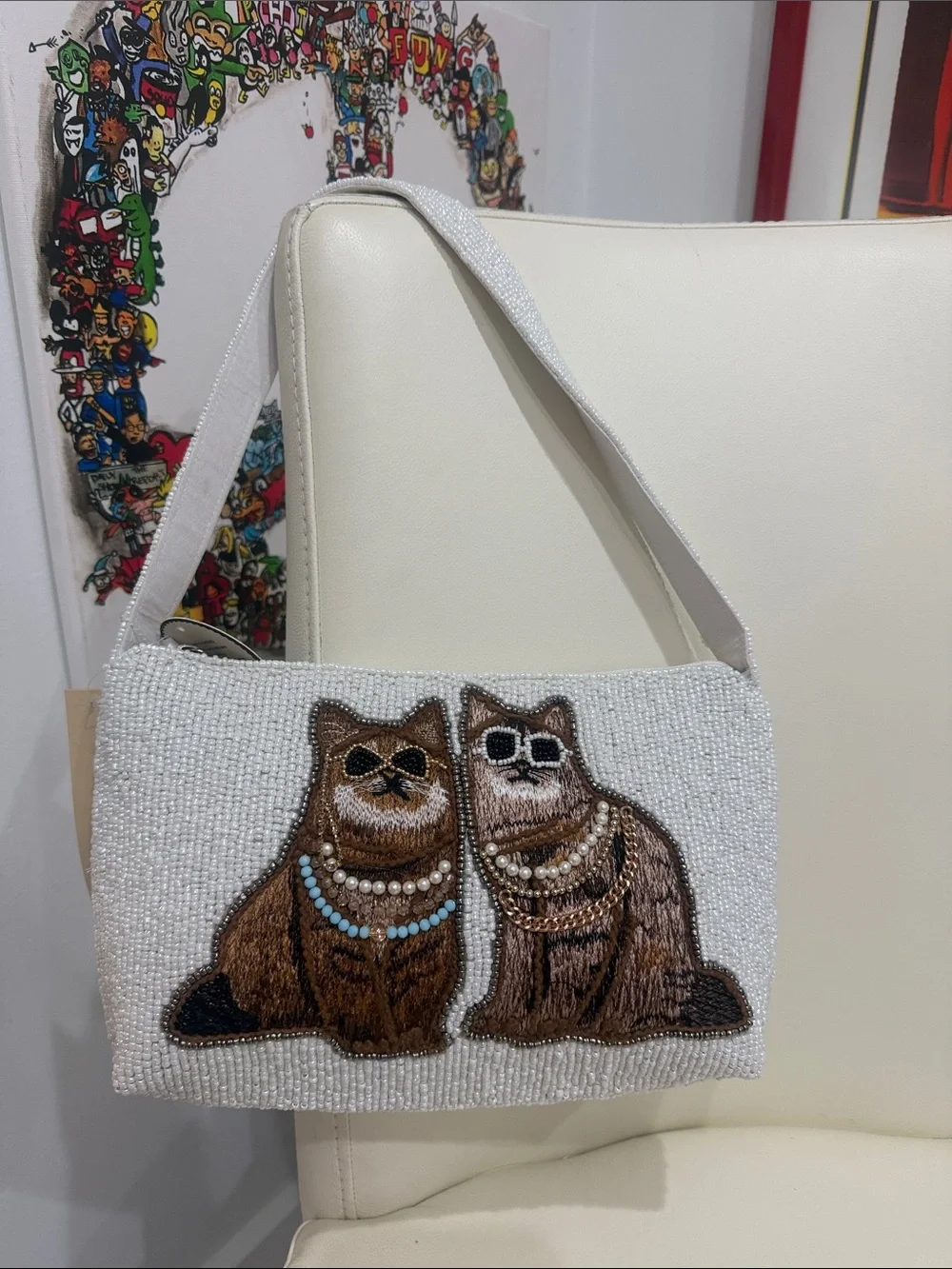 Studio 12 Hand Beaded White/Brown Shoulder Bag with Embroidered Brown Cat Duo